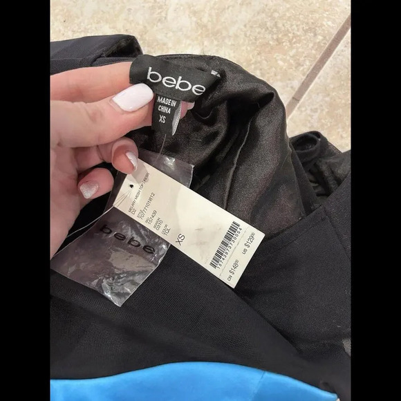 Bebe Melany Mesh Top Satin Stretch Turquoise Black Bodycon Pencil Dress XS NWT - Picture 10 of 15